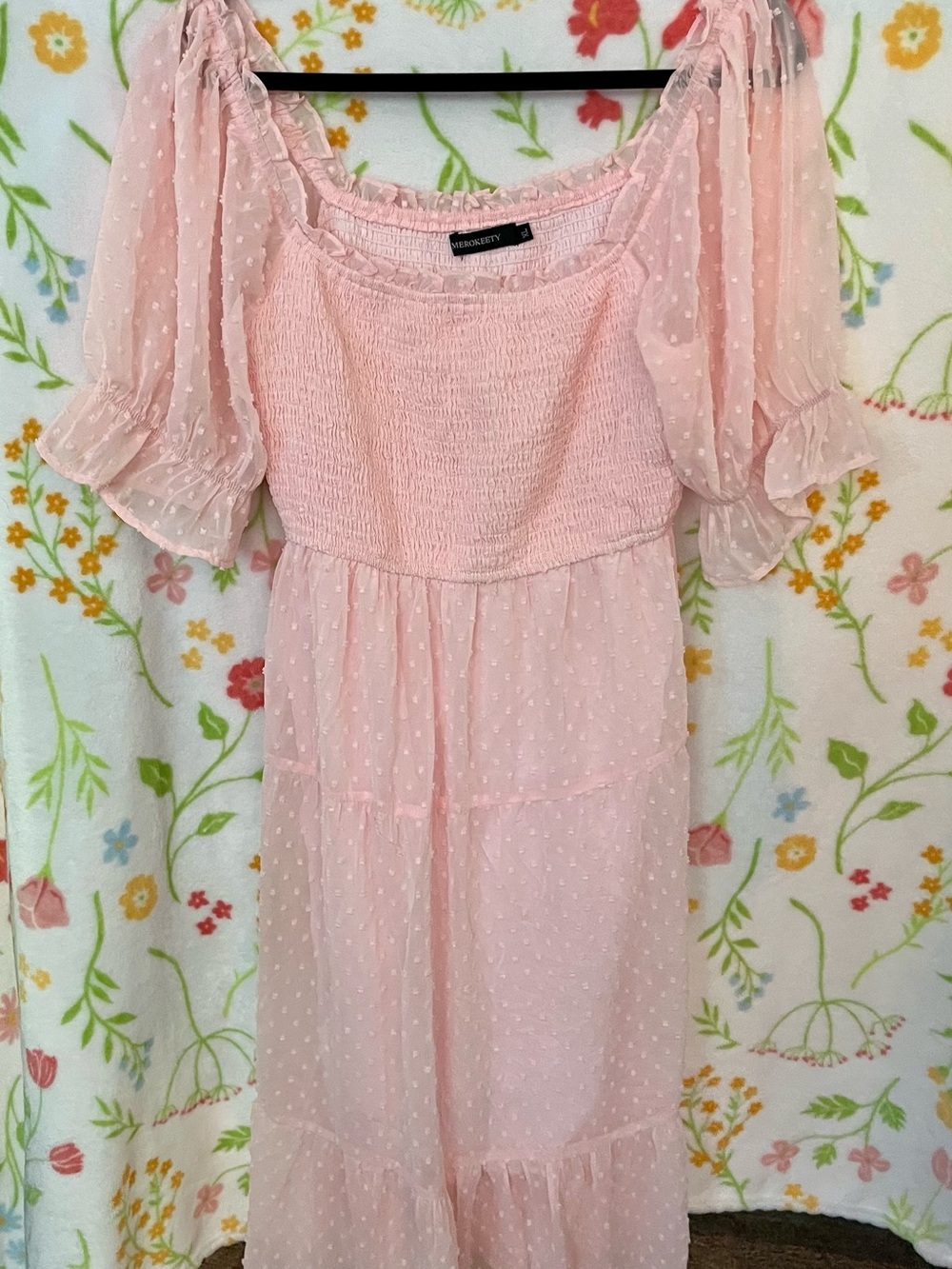 Swiss Dot Smocked Bodice Pale Pink Midi Dress with Sheer Puff Sleeves